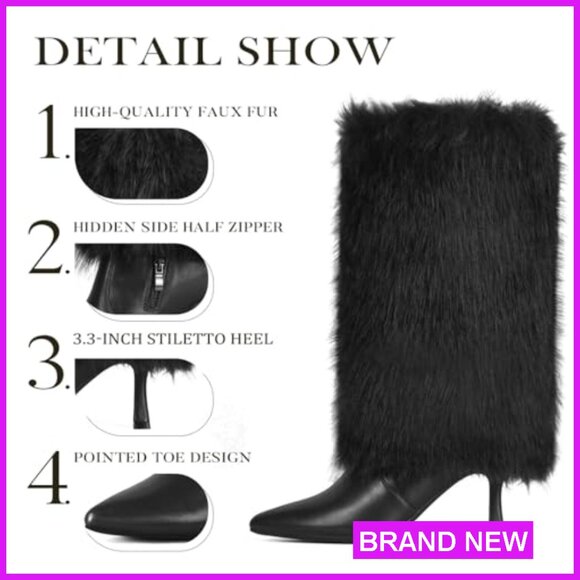 Faux Fur Fold Over Boots Kitten Heel Pointed Toe Mid Calf Winter Chic - Picture 4 of 7